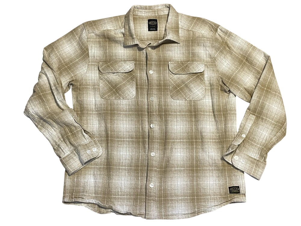 RVCA Shirt Mens XL Tan Plaid Long Sleeve Button Up Two Chest Pockets Casual